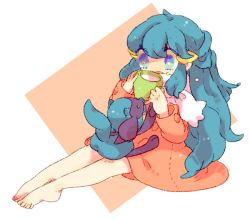 Rule 34 | 1girl, bare legs, barefoot, blue eyes, blue hair, coat, creatures (company), cup, dawn (pokemon), full body, game freak, gen 4 pokemon, hair ornament, hands up, holding, holding cup, katiko, long hair, long sleeves, mug, nintendo, no nose, open mouth, pink coat, pokemon, pokemon (creature), pokemon dppt, pokemon platinum, riolu, scarf, sitting, white scarf