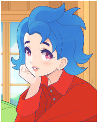 Rule 34 | 1girl, blue hair, blush, border, bright pupils, collared shirt, day, emily (stardew valley), head rest, highres, indoors, lips, looking at viewer, louis lloyd-judson, medium hair, parted lips, pink eyes, portrait, red shirt, shirt, solo, stardew valley, white border, white pupils, window