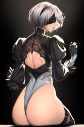 Rule 34 | 1girl, 2b (nier:automata), ass, back cutout, black background, black blindfold, black gloves, black hairband, black thighhighs, blindfold, clothing cutout, commentary, facing to the side, feather-trimmed sleeves, from behind, gloves, grey hair, hairband, hands up, highres, juliet sleeves, leotard, long sleeves, nier:automata, nier (series), parted lips, profile, puffy sleeves, short hair, sitting, solo, temoc, thighhighs, thong leotard, white leotard