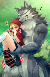 Rule 34 | 1boy, 1girl, absurdres, bar censor, bestiality, biceps, big bad wolf, blonde hair, blush, censored, claws, clothed female nude male, erection, fangs, furry, furry male, furry with non-furry, hetero, highres, hood, imminent penetration, interspecies, jinnai10, lifting person, little red riding hood, little red riding hood (grimm), male pubic hair, monster boy, muscular, muscular male, nude, penis, pubic hair, pussy, red hood, reverse suspended congress, sex, sex from behind, sharp teeth, teeth, testicles, werewolf