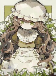 Rule 34 | 1girl, apron, arms at sides, border, bow, brown hair, buttons, center frills, closed mouth, commentary, dress, english commentary, flower, frilled sleeves, frills, green background, green dress, green eyes, hair bow, hair ornament, hat, highres, lily of the valley, long hair, mob cap, no nose, original, outside border, pocket, puffy short sleeves, puffy sleeves, short sleeves, smile, solo, soresaki, very long hair, waist apron, wavy hair, white apron, white border, white bow, white flower, white hat, x hair ornament