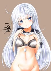 Rule 34 | 10s, 1girl, black sailor collar, blue eyes, blush, bra, breasts, brown background, groin, hibiki (kancolle), jewelry, kantai collection, long hair, navel, necklace, sailor collar, school uniform, serafuku, signature, silver hair, simple background, small breasts, solo, underwear, white bra, yua (checkmate)