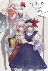 Rule 34 | 2girls, adapted costume, bag, baggy pants, beret, black shirt, blue dress, blue headwear, blue nails, bow, bracelet, buttons, casual, clothes hanger, clothes writing, collared dress, collared shirt, commentary request, commission, contemporary, dress, floral print, fujiwara no mokou, hair bow, hat, hat ribbon, hime cut, holding, holding phone, jewelry, kamishirasawa keine, long hair, looking at another, marimo tarou, multiple girls, multiple views, nail polish, pants, phone, pink bow, puffy short sleeves, puffy sleeves, red eyes, red pants, red ribbon, red shirt, ribbon, ring, shirt, shirt tucked in, shopping bag, short sleeves, sidelocks, skeb commission, split screen, thank you, touhou, trying on clothes, white hair, white shirt, wing collar
