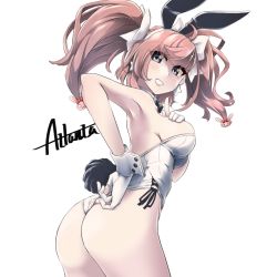 Rule 34 | 1girl, animal ears, ass, atlanta (kancolle), black bow, black bowtie, bow, bowtie, breasts, brown hair, character name, commentary request, detached collar, earrings, fake animal ears, from behind, gloves, grey eyes, jewelry, kantai collection, large breasts, leotard, long hair, looking back, pantyhose, partially fingerless gloves, playboy bunny, rabbit ears, rabbit tail, simple background, solo, star (symbol), star earrings, strapless, strapless leotard, tail, two side up, udukikosuke, white background, white gloves, white leotard, wrist cuffs