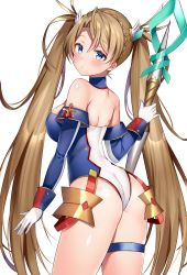Rule 34 | 1girl, aozora nan, arched back, arm at side, armor, armpit crease, ass, back, bare shoulders, blonde hair, blue choker, blue eyes, blush, bradamante (fate), bradamante (first ascension) (fate), breasts, choker, commentary request, cowboy shot, detached sleeves, fate/grand order, fate (series), faulds, from behind, gloves, hair ornament, hand up, highres, holding, holding polearm, holding spear, holding weapon, leotard, long hair, long sleeves, looking at viewer, looking back, medium breasts, parted lips, polearm, solo, spear, standing, thigh strap, twintails, very long hair, weapon, white background, white gloves