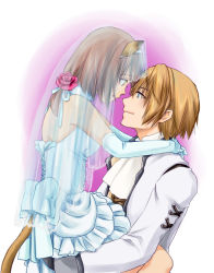 Rule 34 | 00s, 1boy, 1girl, animal ears, arms around neck, bare shoulders, blue eyes, bow, brown eyes, brown hair, cat girl, couple, detached collar, dress, elbow gloves, final fantasy, final fantasy xi, gloves, hair bow, hairband, hetero, highres, holding, hume, looking at another, low ponytail, mithra (ff11), open mouth, sakutsuki, short hair, smile, tail, veil, wedding dress