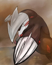 Rule 34 | absurdres, animal focus, artist name, black eyes, brown background, brown theme, claws, closed mouth, creatures (company), excadrill, facial mark, game freak, gen 5 pokemon, highres, ka ei volltis, leaning forward, looking to the side, nintendo, no humans, outstretched arm, pokemon, pokemon (creature), signature, solo, standing, twitter username, whisker markings