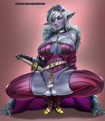 Rule 34 | 1girl, ass, badcompzero, bare shoulders, belt, blue eyes, blue hair, blue skin, blush, breasts, collar, collarbone, colored skin, commission, corset, dark elf, elf, feather trim, gloves, hand on hilt, highres, knees apart feet together, large breasts, lips, looking at viewer, original, parted lips, patreon username, pointy ears, silver hair, smile, solo, spread legs, squatting, sword, weapon