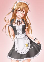 Rule 34 | 1girl, alternate costume, anti (untea9), apron, black dress, blush, brown eyes, brown hair, cowboy shot, crescent, crescent pin, detached collar, dress, enmaided, glasses, gradient background, hair between eyes, highres, kantai collection, long hair, maid, maid apron, maid headdress, mochizuki (kancolle), open mouth, puffy short sleeves, puffy sleeves, red-framed eyewear, short sleeves, solo, waist apron, white apron, wrist cuffs