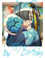 Rule 34 | 1girl, bags under eyes, black hair, blue dress, blue flower, blue hair, blue hairband, blue nails, blue rose, bouquet, collared shirt, dated, drawn ears, drawn whiskers, dress, facing viewer, floral print, flower, grin, hairband, hands up, happy birthday, highres, holding, holding bouquet, indie virtual youtuber, jiangshi, long sleeves, multicolored hair, nail polish, nanasaka 831, one eye covered, polaroid, rose, rose print, shirt, short hair, sleeves past fingers, sleeves past wrists, smile, solo, streaked hair, upper body, v, virtual youtuber, white shirt, yosumi (vtuber)