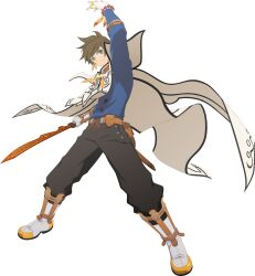Rule 34 | 1boy, bead bracelet, beads, black pants, boots, bracelet, brown hair, buttons, cape, commentary, english commentary, fingerless gloves, full body, gloves, green eyes, hand up, highres, holding, holding sword, holding weapon, jewelry, long sleeves, male focus, official art, orange feathers, pants, smile, sorey (tales), sword, tales of (series), tales of asteria, tales of zestiria, transparent background, weapon