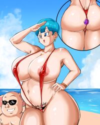 Rule 34 | 1boy, 1girl, absurdres, age difference, areola slip, belly, bikini, breasts, bulma, cleavage, dragon ball, dragonball z, highres, huge breasts, oolong, panarandom, pig, pig man, plump, swimsuit, thick thighs, thighs