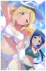 Rule 34 | 2girls, ;3, arms behind back, arms up, bikini, blonde hair, blue hair, blue sky, blush, border, breasts, cleavage, closed mouth, cloud, collarbone, commentary request, cup, day, disposable cup, drink, frilled bikini, frills, gluteal fold, green bikini, green eyes, highres, holding, holding cup, lens flare, light rays, looking at viewer, love live!, love live! school idol festival, love live! sunshine!!, matsuura kanan, medium breasts, multiple girls, navel, ohara mari, one eye closed, one side up, outdoors, outstretched arm, parted bangs, ponytail, purple eyes, rassie s, selfie, sky, stomach, sun, sunbeam, sunlight, swimsuit, white bikini, white border
