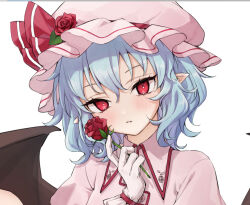 Rule 34 | 1girl, bat wings, blue hair, flower, hat, holding, holding flower, honotai, light smile, mob cap, pink hat, red eyes, red flower, remilia scarlet, rose, short hair, simple background, solo, touhou, upper body, wings