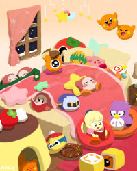 Rule 34 | :d, :o, ^ ^, arms up, artist name, bean bag chair, bed, blonde hair, blue eyes, blush, blush stickers, book, brown eyes, bun (kirby), candy, character pillow, closed eyes, commentary request, coo (kirby), curtains, desk lamp, doughnut-shaped pillow, food, fruit, fumu (kirby), green eyes, green hair, green scarf, hair over eyes, happy, highres, holding, holding book, holding pillow, indoors, invincible candy, king dedede, kirby, kirby (series), lamp, lollipop, long hair, lying, maxim tomato, meta knight, mobile, multicolored hair, night, nightstand, nintendo, no lineart, nody (nody lowmoo), on back, on stomach, one-eyed, open book, open mouth, pillow, ponytail, pudding, reading, rug, scarf, scarfy, shared clothes, shared scarf, short hair, sitting, sleeping, smile, snow, snowing, star (symbol), star block, star-shaped pillow, strawberry, swirl lollipop, under covers, waddle dee, waddle doo, warp star, window, wooden floor