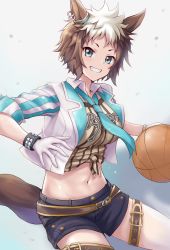 Rule 34 | 1girl, animal ears, aqua necktie, ball, basketball, basketball (object), belt, black shorts, blue eyes, breasts, brown belt, brown hair, clothes writing, commentary, cowboy shot, cropped jacket, detached collar, ear ornament, ear piercing, gloves, grin, holding, holding ball, horse ears, horse girl, horse tail, jacket, large breasts, leg belt, looking at viewer, mejiro ryan (umamusume), midriff, multicolored hair, navel, necktie, open clothes, open jacket, piercing, playing sports, r-binon, shirt, short hair, short shorts, shorts, sidelocks, simple background, smile, solo, standing, striped clothes, striped jacket, studded bracelet, sweat, tail, teeth, tied shirt, two-tone hair, umamusume, vertical-striped clothes, vertical-striped jacket, white background, white gloves, white hair, white jacket