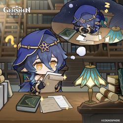 Rule 34 | 1girl, ?, blue hair, blue hood, book, book stack, bookshelf, chibi, claw ring, commentary, english commentary, genshin impact, hair between eyes, highres, holding, holding paper, hood, hood up, indoors, lamp, layla (genshin impact), logo, long hair, official art, orange eyes, paper, pointy ears, scroll, sleeping, sparkle, table, thought bubble, zzz