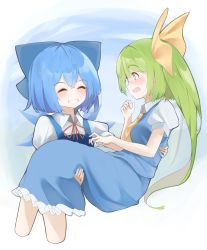 Rule 34 | 258n, 2girls, absurdres, ascot, blue hair, blue skirt, blue vest, blush, carrying, cirno, closed eyes, collared shirt, daiyousei, green eyes, green hair, grin, hair ribbon, highres, holding person, ice, ice wings, long hair, multiple girls, open mouth, princess carry, ribbon, shirt, short hair, side ponytail, skirt, smile, touhou, vest, white shirt, wings, yellow ascot, yellow ribbon