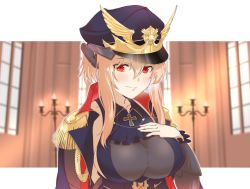 Rule 34 | 1girl, absurdres, blonde hair, blue oath, blush, breasts, cleavage, cloak, cross, cross necklace, hair ribbon, hand on breast, hat, highres, jewelry, large breasts, long hair, looking at viewer, military, military hat, military uniform, mogu (kuromezennkainopokke), necklace, prinz eugen (blue oath), red eyes, ribbon, smile, solo, uniform