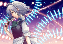 Rule 34 | 1girl, ang, apron, ascot, blue bow, bow, braid, collared shirt, danmaku, from side, green ascot, hair bow, holding, holding knife, holding weapon, izayoi sakuya, knife, looking back, maid, maid apron, maid headdress, profile, red eyes, shirt, short hair, silver hair, smile, solo, throwing knife, touhou, twin braids, upper body, waist apron, weapon