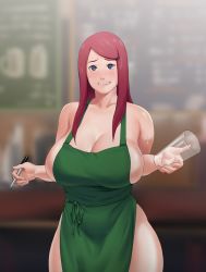 Rule 34 | 1girl, apron, bare shoulders, blurry, blurry background, breasts, curvy, highres, holding, holding glass, holding pen, huge breasts, iced latte with breast milk (meme), long hair, looking at viewer, mature female, meme, naked apron, naruto (series), naruto shippuuden, pen, red hair, shiny skin, standing, starbucks, uzumaki kushina, zeros