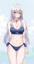 Rule 34 | 1girl, arm behind back, bare shoulders, bikini, blue bikini, blue eyes, borrowed character, breasts, cleavage, closed mouth, collarbone, contrapposto, cowboy shot, gluteal fold, grey hair, groin, hair between eyes, highres, jewelry, kaetzchen, large breasts, light blush, light frown, long hair, looking at viewer, medium breasts, mole, mole under eye, navel, necklace, original, sanyu (ry thae), side-tie bikini bottom, sidelocks, solo, swimsuit, thigh gap, very long hair