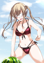 Rule 34 | &gt;:d, 1girl, :d, bare arms, bare shoulders, bikini, black ribbon, blindfold, blonde hair, blue sky, blush, breasts, cleavage, clenched hand, clenched hands, collarbone, culture shock, day, food, front-tie bikini top, front-tie top, fruit, gluteal fold, graf zeppelin (kancolle), kantai collection, layered bikini, legs together, long hair, medium breasts, mikage takashi, navel, open mouth, outdoors, red bikini, ribbon, side-tie bikini bottom, sidelocks, sky, smile, solo, standing, stomach, suikawari, swimsuit, twintails, v-shaped eyebrows, watermelon