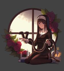 Rule 34 | 1girl, absurdres, animal, book, breasts, brown dress, brown hair, brown thighhighs, burning, candle, chain, commentary request, cross, cuffs, dress, fire, flower, goback, grey background, habit, highres, jewelry, latin cross, long hair, long sleeves, looking at viewer, multiple heads, no shoes, nun, original, parted lips, pendant, purple eyes, red flower, red rose, rose, round window, skull, small breasts, smile, snake, solo, thighhighs, window