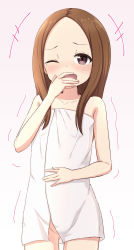 Rule 34 | +++, 1girl, absurdres, blush, brown eyes, brown hair, collarbone, commentary request, forehead, gluteal fold, gradient background, groin, hand to own mouth, highres, karakai jouzu no takagi-san, laughing, long hair, looking at viewer, naked towel, one eye closed, open mouth, pink background, solo, takagi-san, takasuma hiro, tears, towel, white background