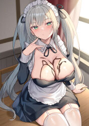 Rule 34 | 1girl, alexmaster, apron, black dress, blush, breasts, chocolate, chocolate on body, chocolate on breasts, cleavage, dress, food on body, green eyes, grey hair, highres, large breasts, long hair, long sleeves, looking at viewer, maid, maid headdress, original, solo, thighhighs, thighs, twintails, waist apron, white apron, white thighhighs