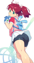 Rule 34 | 1girl, ahoge, arm up, ass, backpack, bag, bike shorts, black shorts, blue gloves, brown hair, commentary request, from behind, gloves, green eyes, highres, jacket, kneepits, legs, long hair, looking back, miniskirt, net, om (nk2007), pink jacket, ribbon, saru getchu, sayaka (saru getchu), short sleeves, shorts, shorts under skirt, simple background, skirt, solo, stuffed toy, thighs, twintails, white background, white skirt, wind, wind lift