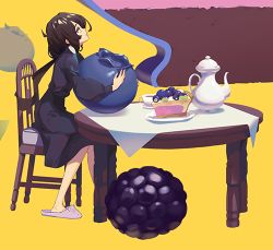 Rule 34 | 1girl, black dress, blackberry (fruit), blueberry, brown hair, cake, cake slice, chair, cheesecake, cropped, cup, donuttypd, dress, drink, female focus, food, from side, fruit, holding, holding food, layer cake, leaf, long hair, long sleeves, looking up, lowres, original, oversized food, oversized object, pink footwear, plate, profile, puffy long sleeves, puffy sleeves, red eyes, saucer, sidelocks, simple background, sitting, slippers, solo, table, tablecloth, tea, teacup, teapot, yellow background
