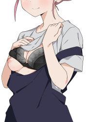 Rule 34 | 1girl, apron, black bra, blue apron, blush, bocchi the rock!, bra, bra lift, breasts, cleavage, gotoh michiyo, grey shirt, head out of frame, highres, mature female, medium breasts, morisobo, nipples, one breast out, pink hair, shirt, simple background, smile, underwear, white background