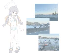 Rule 34 | 1girl, ahoge, bikini, black hair, blue archive, blush, braid, bright pupils, commentary request, coral hair ornament, crocs, dai nui nui, flat chest, full body, furrowed brow, grey bikini, hair ribbon, halo, hand on own chest, hat, hat on back, highres, leaf print, light smile, long hair, looking at viewer, miyu (blue archive), miyu (swimsuit) (blue archive), navel, nervous, photo inset, pigeon-toed, print bikini, raised eyebrows, red eyes, ribbon, solo, standing, straw hat, swimsuit, twin braids, white background, white pupils, white ribbon