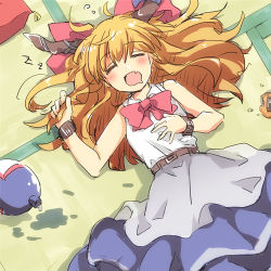 Rule 34 | 00tea, 1girl, belt, blonde hair, blouse, blue skirt, blush, bow, bowtie, closed eyes, cuffs, drooling, fang, food, gourd, hair bow, hand up, horns, ibuki suika, long hair, lowres, lying, messy hair, on back, on ground, open mouth, red bow, red bowtie, senbei, shackles, shirt, skirt, sleeping, sleeveless, sleeveless shirt, solo, tatami, touhou, upper body, white shirt, zzz