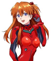 Rule 34 | 1girl, akasiro20, blue eyes, bodysuit, breasts, brown hair, cleavage, hair between eyes, interface headset, long hair, looking at viewer, medium breasts, neon genesis evangelion, open mouth, pilot suit, plugsuit, red bodysuit, simple background, skin tight, solo, souryuu asuka langley, standing, two side up