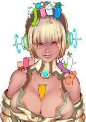 Rule 34 | 1girl, bad id, bad pixiv id, between breasts, blonde hair, blunt bangs, breast hold, breasts, cleavage, creature, gloves, headgear, kusagami style, large breasts, lips, looking at viewer, original, pink eyes, simple background, solo, upper body, white background