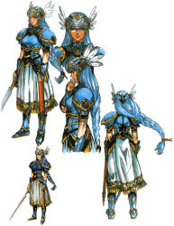 Rule 34 | 1girl, arm guards, armor, artist request, blue armor, blue hair, braid, dark skin, feather hair ornament, feathers, grey eyes, hair ornament, hand on own chin, helmet, holding, holding sword, holding weapon, lenneth valkyrie, long hair, looking at viewer, low-braided long hair, low-tied long hair, official art, scabbard, sheath, sheathed, shoulder pads, standing, sword, thinking, valkyrie profile (series), very long hair, weapon