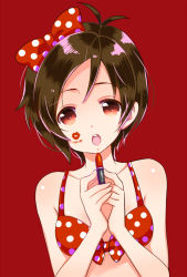 Rule 34 | 10s, 1girl, :o, alternate costume, antenna hair, bikini, body writing, bow, brown hair, collarbone, cosmetics, domyoji karin, english text, hair bow, holding, holding lipstick, idolmaster, idolmaster cinderella girls, lipstick, lipstick mark, lipstick tube, looking at viewer, makeup, ohlala, polka dot, polka dot bow, red background, red eyes, red lips, red theme, short hair, simple background, solo, swimsuit, upper body