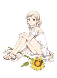 Rule 34 | 1boy, androgynous, august, bare shoulders, brown hair, choker, double bun, dress, expressionless, feet, flower, full body, hair bun, hair flower, hair ornament, long hair, looking at viewer, low twintails, male focus, montanyaoh, original, sandals, simple background, sitting, solo, sunflower, thighs, toes, trap, twintails, very long hair, white background, white dress, yellow eyes
