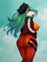 Rule 34 | 1girl, @ @, absurdres, ass, black headwear, bodysuit, breasts, calavera (vtuber) (artist), chewing gum, cloud, commentary, cosplay, english commentary, evangelion: 3.0 you can (not) redo, floating hair, from behind, green eyes, green hair, hands in pocket, highres, huge breasts, indie virtual youtuber, jacket, koopa fortuna, large breasts, long hair, looking at viewer, looking back, neon genesis evangelion, plugsuit, rebuild of evangelion, red bodysuit, red jacket, shaft look, skin tight, sky, solo, souryuu asuka langley (cosplay), standing, virtual youtuber, wide hips