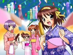 Rule 34 | 00s, 4girls, asahina mikuru, blue kimono, c-chaos, corn, festival, floral print, ikayaki, japanese clothes, kimono, kyon no imouto, multiple girls, nagato yuki, non-web source, pink kimono, print kimono, squid, suzumiya haruhi, suzumiya haruhi no yuuutsu, white kimono, yukata