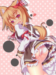 Rule 34 | 1girl, adapted costume, animal ears, apron, ascot, ass, bad id, bad pixiv id, bent over, blonde hair, blush, cat ears, cat tail, dragoner, fang, hair ribbon, heart, juliet sleeves, kemonomimi mode, long sleeves, looking at viewer, looking back, open mouth, panties, pantyshot, puffy sleeves, red eyes, ribbon, rumia, shirt, skirt, skirt set, solo, standing, tail, touhou, underwear, upskirt, vest, white panties