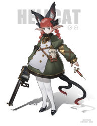 Rule 34 | 1girl, :/, absurdres, adapted costume, alternate costume, animal ear fluff, animal ears, bigcat 114514, black bow, bow, braid, cat ears, cat tail, dress, extra ears, gold trim, gun, hair bow, highres, holding, holding gun, holding weapon, kaenbyou rin, looking at viewer, multiple tails, pantyhose, pointy ears, red hair, rifle, shoes, solo, standing, tail, touhou, twin braids, weapon, white pantyhose