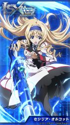 Rule 34 | 1girl, ange vierge, blonde hair, blue eyes, blush, bow, breasts, cecilia alcott, crossover, drill hair, gun, hair bow, highres, incoming attack, infinite stratos, large breasts, legs, long hair, looking at viewer, official art, pantyhose, serious, solo, thighs, weapon