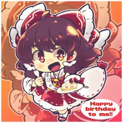 Rule 34 | 1girl, ascot, blouse, bow, bright pupils, brown hair, cake, cake slice, detached sleeves, dnk, english text, food, fork, full body, hair bow, hakurei reimu, highres, holding, holding fork, holding plate, looking at viewer, open mouth, plate, red bow, red eyes, red footwear, red shirt, red skirt, ribbon-trimmed legwear, ribbon-trimmed sleeves, ribbon trim, shirt, short hair, sidelocks, skirt, solo, speech bubble, touhou, white legwear, white pupils, wide sleeves, yellow ascot, zoom layer