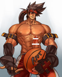Rule 34 | 1boy, abs, alternate costume, ball, bar censor, bara, bare pectorals, basketball, basketball uniform, brown hair, censored, commission, cowboy shot, erection, fingerless gloves, from below, gloves, guilty gear, headgear, holding, holding ball, large pectorals, long hair, male focus, muscular, na insoo, navel, nipples, pectorals, penis, ponytail, precum, shiny skin, simple background, sol badguy, solo, spiked hair, sportswear, yellow eyes