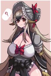 Rule 34 | 1girl, ?, bird wings, black bow, black hair, black souls, bonnet, bow, breasts, bright pupils, brown wings, chinese commentary, cleavage, closed mouth, dodo (black souls), feathered wings, gradient hair, grey headwear, hair between eyes, harpy, highres, huge breasts, koshou shou mitsu, light brown hair, long hair, monster girl, multicolored hair, red bow, red eyes, smile, solo, speech bubble, spoken question mark, two-tone hair, very long hair, white pupils, wing ears, winged arms, wings