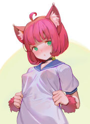 Rule 34 | 1girl, ahoge, animal ear fluff, animal ears, bell, black choker, blue sailor collar, blush, bob cut, breasts, cat ears, cat girl, choker, collarbone, covered erect nipples, green eyes, head tilt, highres, jingle bell, looking at viewer, nose blush, original, parted lips, pink hair, puffy short sleeves, puffy sleeves, sailor collar, sailor shirt, see-through, shirt, short hair, short sleeves, simple background, small breasts, solo, timbougami, white shirt