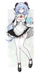 Rule 34 | 1girl, absurdres, alternate hairstyle, apron, blue hair, breasts, cleavage, error1980, full body, ganyu (genshin impact), genshin impact, high heels, highres, horns, long hair, looking at viewer, maid, maid apron, medium breasts, purple eyes, slime (genshin impact), standing, thighhighs, white thighhighs